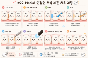 #22 앞니 인접면 충치 제거부터 레진 수복과 마무리까지의 치료 과정을 설명한 그림